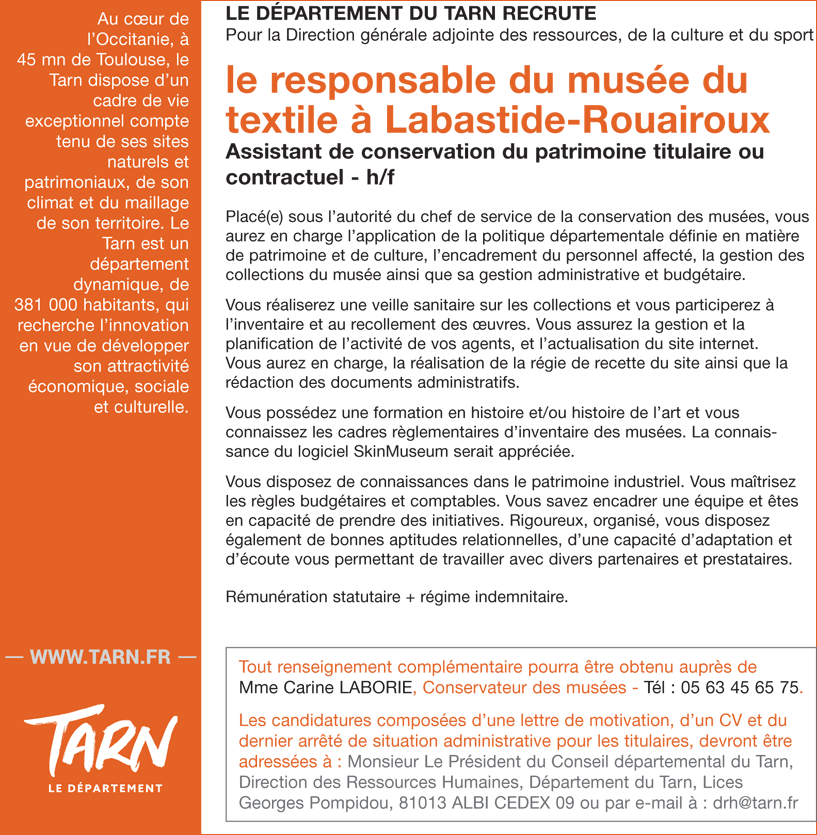 Offre Emploi Responsable Du Musee Du Textile Labastide Rouairoux Tarn Artistes D Occitanie